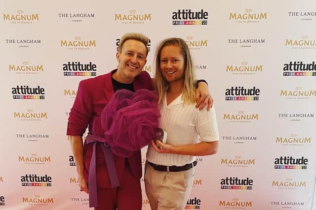 Harrogate-based Luke Christian, right, a deaf, gay entrepreneur who set up his own fashion label Deaf Identity, is pictured with Ian ‘H’ Watkins of legendary pop band Steps at the  2023 Attitude Pride Awards in London.