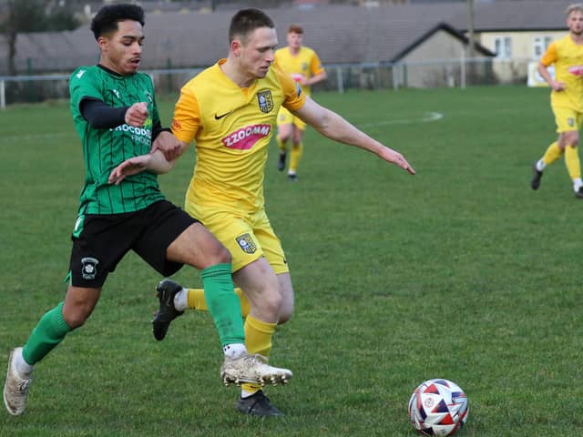 Josh Hardcastle in action during Tadcaster Albion's 1-0 win on the road at Golcar United. Pictures: Craig Dinsdale