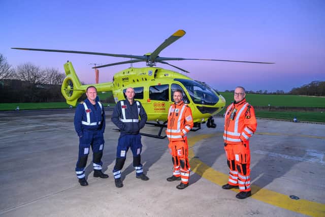 One of Yorkshire Air Ambulance’s crews, from left to right, chief pilot Owen McTeggart, technical crew member Alex Clark, specialist paramedic for critical care Darren James and consultant Dr Tim Moll.