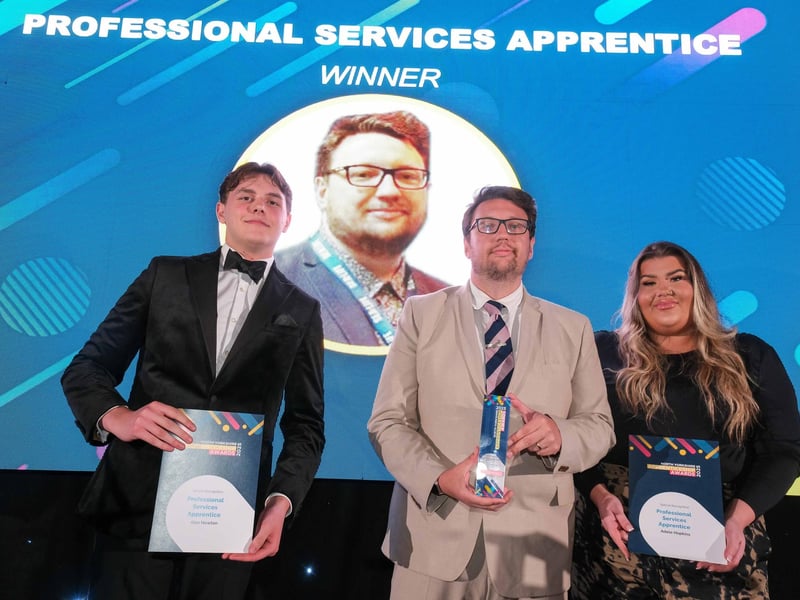 Professional Services Apprentice of the Year Award winner Kieran Wade, of Merlin Entertainments, pictured centre