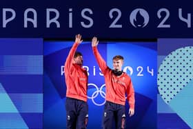 Anthony Harding, left, and Jack Laugher of Team Great Britain walk out ahead of the Men's Synchronised 3m Springboard Final on day seven of the 2024 Paris Olympic Games. Picture: Quinn Rooney/Getty Images