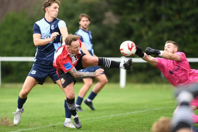 Boro forward Nathan Cartman, who recently rejoined the club, is thwarted by visiting goalkeeper Shane Bland.