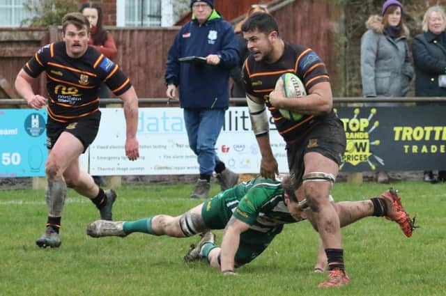 Ed Challis charges towards the try-line during Harrogate Pythons' Yorkshire One draw at Beverley. Picture: Julian Tatlow