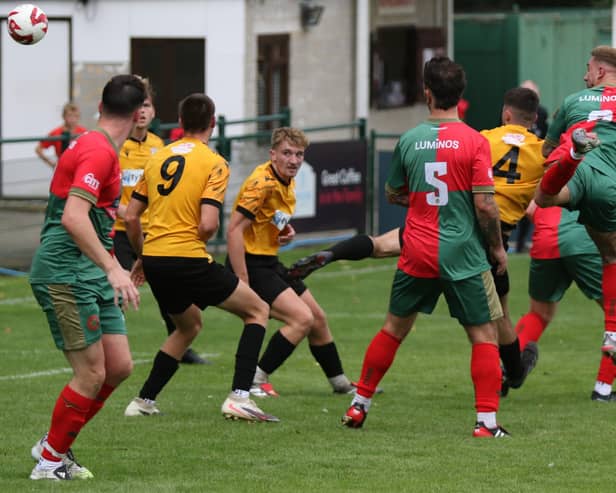 Harrogate Railway captain Alex Burton heads home his side's equalising goal during Saturday's home win over Crowle Colts. Picture: Craig Dinsdale