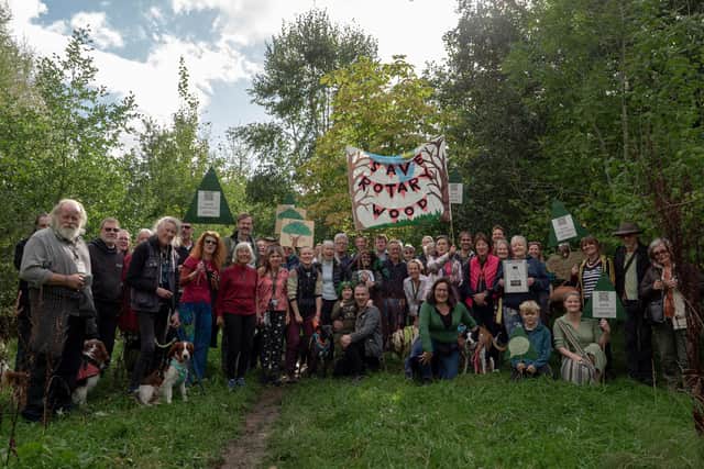 The ‘Walk for Our Woods’ protesters making their point at Rotary Wood in Harrogate.  (Photo by Edward Lee @edfclee)
