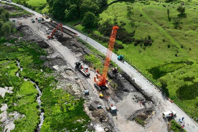 An aerial shot of work taking place on the A59 at Kex Gill
