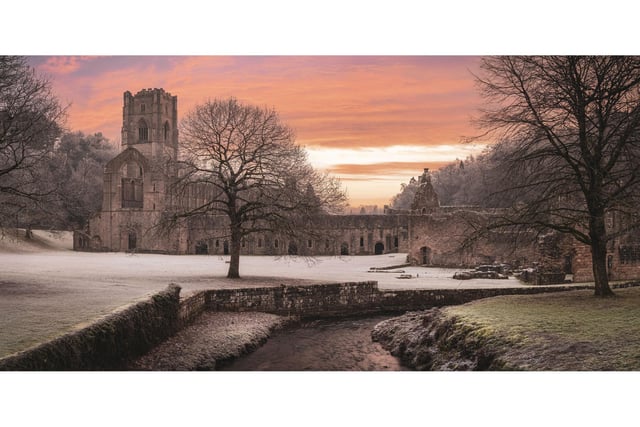 A frosty image of Fountains Abbey.