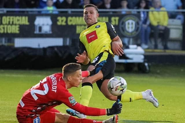 Harrogate Town forward Jack Muldoon fails to get the better of Blackburn goalkeeper Leo Wahlstedt. Picture: Harrogate Town AFC