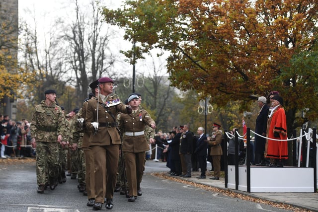 The army taking the salute during the Remembrance Day parade and service at the cenotaph