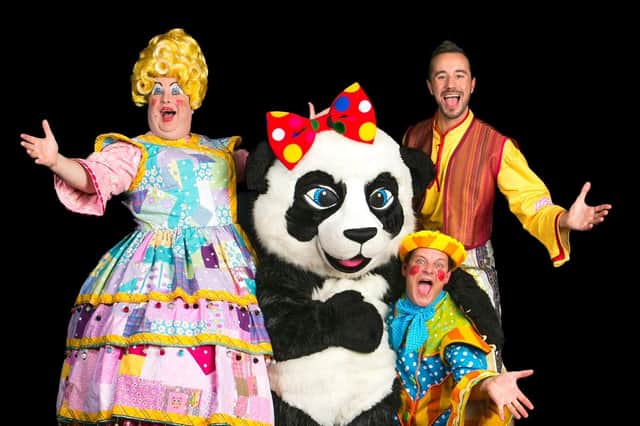 Some of the leading cast members of Harrogate Theatre's new production of Aladdin, including Howard Chadwick, Colin Kiyani, a giant panda called Pandora, played by Stephanie Costi, and Tim Stedman, right.