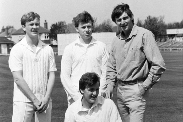 Ex Yorkshire paceman Chris Old, right, with three of Harrogate's younger bowlers, Matthew Smart, left, Ian Houseman, centre, and Matthew Yates, who in 1988 were given valuable guidance by Old, who was unable to play at the time through injury.
