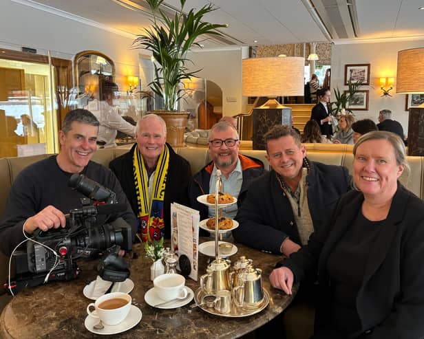 Return to Harrogate  - Popular BBC sports presenter Mike Bushell, second from right, during a visit to Bettys tearooms for a TV feature on Harrogate Town in the run-up to the club's FA Cup match against Leeds Utd. (Picture contributed)