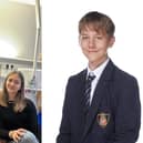 Pictured: Alan Nowicki, 15, with his mum, dad, and sister, during the first month of recovery. On the right, Alan is in his Ripon Grammar uniform before the tragic accident.