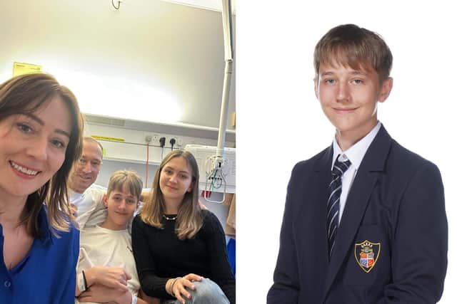 Pictured: Alan Nowicki, 15, with his mum, dad, and sister, during the first month of recovery. On the right, Alan is in his Ripon Grammar uniform before the tragic accident.