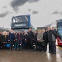 Staff at Harrogate Bus Company meet Prime Minister Rishi Sunak and Harrogate and Knaresborough MP Andrew Jones at the firm's Starbeck headquarters in front of three new electric buses. (Picture contributed)