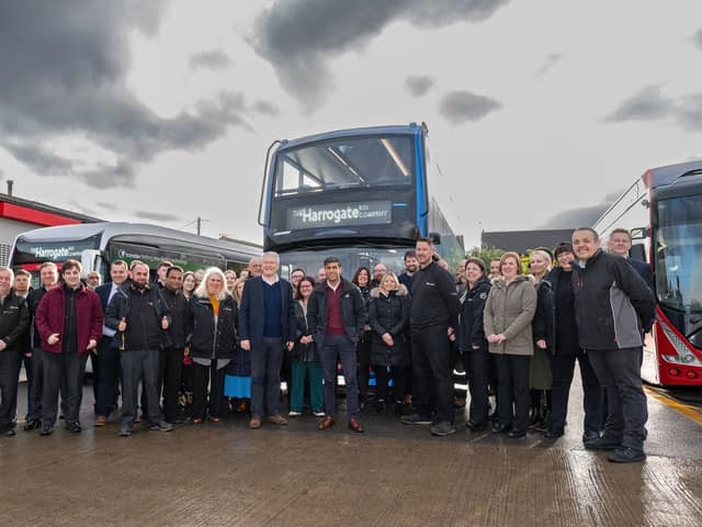 Staff at Harrogate Bus Company meet Prime Minister Rishi Sunak and Harrogate and Knaresborough MP Andrew Jones at the firm's Starbeck headquarters in front of three new electric buses. (Picture contributed)