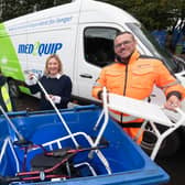Daren Richardson from Medequip, Jenny Lowes, service improvement manager at North Yorkshire Council, and Steve Midgley from Yorwaste, recycling unwanted medical equipment at Northallerton HWRC.