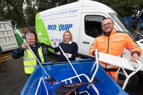 Daren Richardson from Medequip, Jenny Lowes, service improvement manager at North Yorkshire Council, and Steve Midgley from Yorwaste, recycling unwanted medical equipment at Northallerton HWRC.