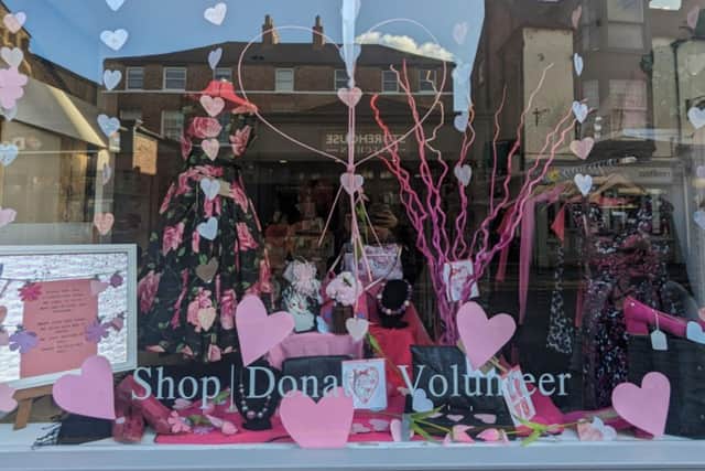 St Michael's Hospice in Ripon and their Valentine's Day shop window display.