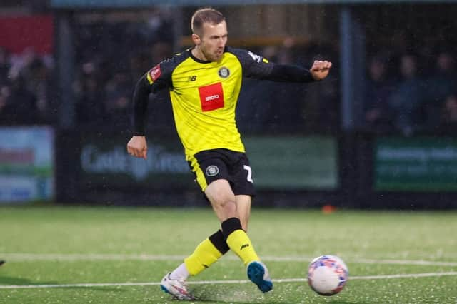 Harrogate Town midfielder Stephen Dooley in action during Saturday's FA Cup first-round success at Marine. Pictures: Matt Kirkham