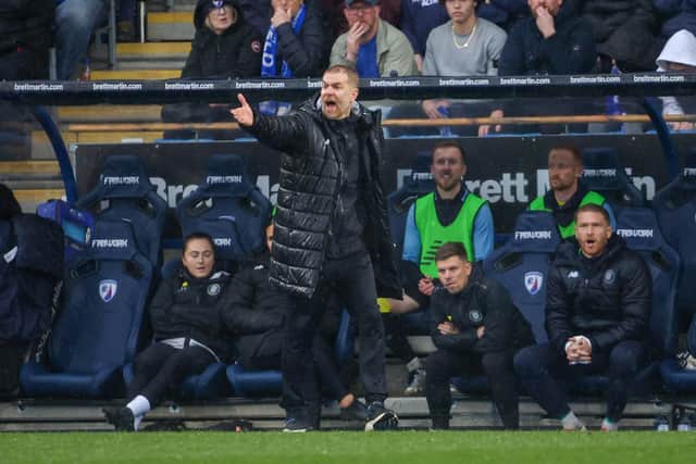 Sulphurites boss Simon Weaver makes his point from the sidelines during Saturday's League Two clash with Chesterfield.