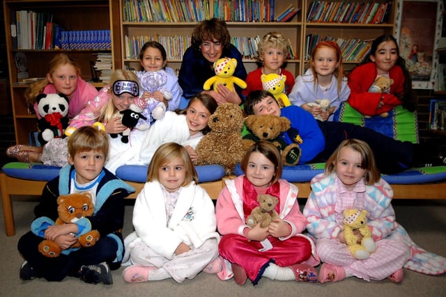 Teachers and pupils at Rossett Acre Primary School hosting a Pyjama Party to raise money for Children in Need in 2007