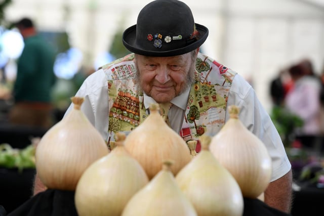 Phil Gomersall checks out the giant onions on display at the show