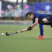 Tom Gugan scores for Harrogate Hockey Club Men's 1st XI during their home defeat to Newcastle University. Pictures: Gerard Binks