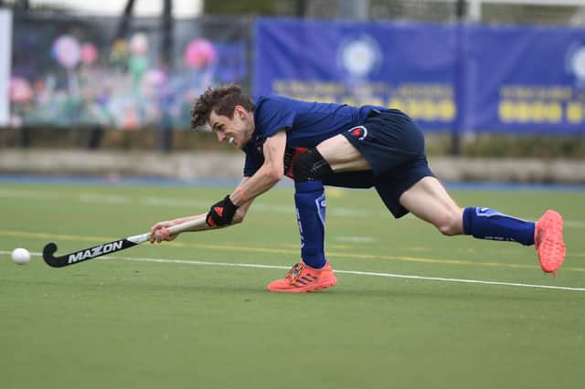 Tom Gugan scores for Harrogate Hockey Club Men's 1st XI during their home defeat to Newcastle University. Pictures: Gerard Binks