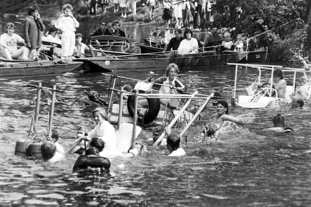 Contestants of the Knaresborough Bed Race in 1985 tackle The River Nidd