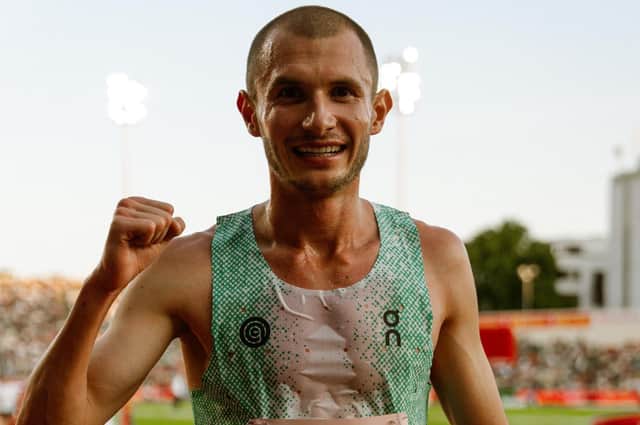 Harrogate's George Mills celebrates after his record-breaking run in the 5000m event at the 2025 Diamond League meeting in Oslo. Picture: @on & @erin_groll