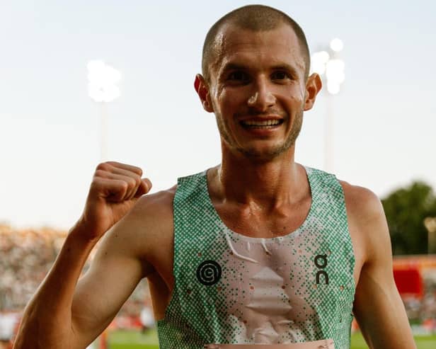 Harrogate's George Mills celebrates after his record-breaking run in the 5000m event at the 2025 Diamond League meeting in Oslo. Picture: @on & @erin_groll