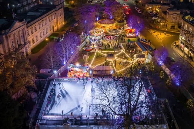 Harrogate's spectacular Christmas attractions at Crescent Gardens from the air. (Picture Richard Maude)