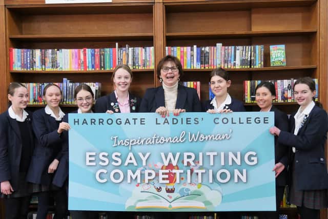 Harrogate Ladies College principal Mrs Sylvia Brett with enthusiastic pupils promoting the Harrogate-wide Inspirational Women essay writing competition.