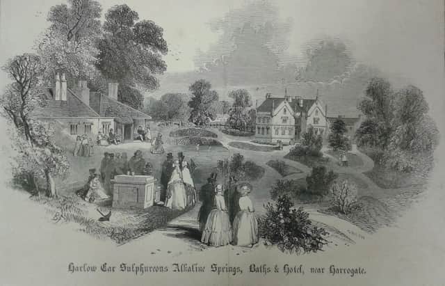 An engraving showing the Harrogate Arms, Bath House and gardens, circa 1857, which is now part of RHS Harlow Carr.