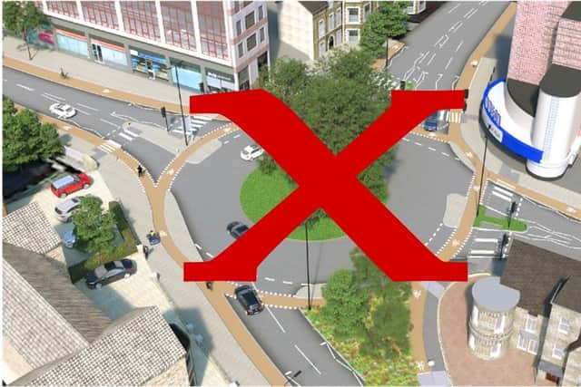 Picture of failure number 3 - The £11.2m Gateway project changes no longer happening at the Odeon roundabout at East Parade in Harrogate as marked with a "X" by Harrogate District Cycling Action. (Picture contributed)
