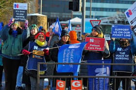 Royal College of Nurses members, campaigning for fair pay and conditions, pictured previously taking part in industrial action at Altnagelvin Hospital.  Photo: George Sweeney. DER2250GS - 38