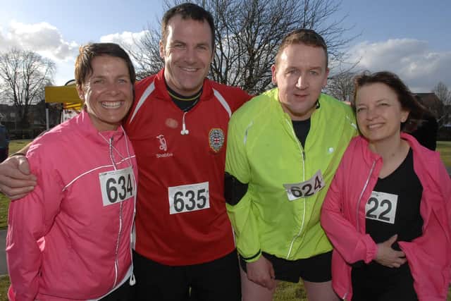 A keen runner for charity - Harrogate police officer Sgt Paul Cording, second from left, with Lynsey Ridout, Kris Randall and Caroline Randall. (Picture Adrian Murray)