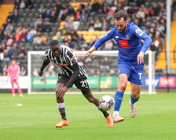 Levi Sutton on the attack during Harrogate Town's 3-0 League Two loss on the road at Notts County. Pictures: Jez Tighe/ProSportsImages