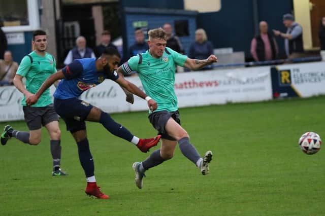 Tadcaster Albion forward Tawheed Ahmed takes aim at the Frickley Athletic goal. Picture: Craig Dinsdale