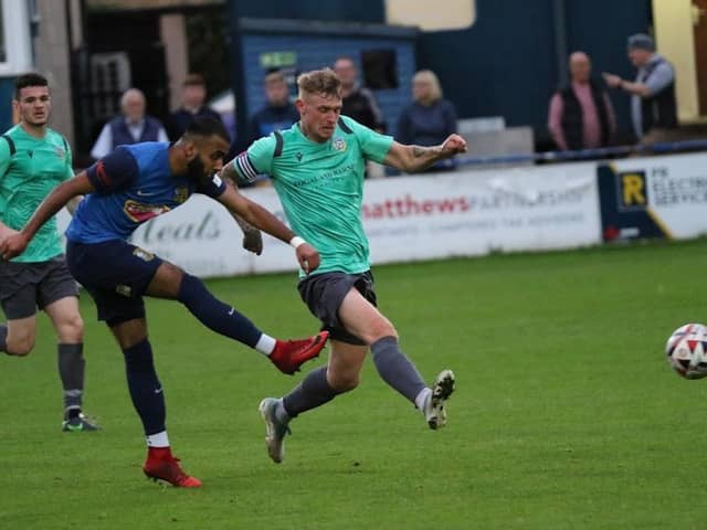 Tadcaster Albion forward Tawheed Ahmed takes aim at the Frickley Athletic goal. Picture: Craig Dinsdale