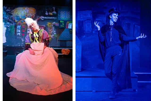 Pictured: Ryan Stocks as Dame Frunella and Gabriel O’Rorke as Spooky Man.