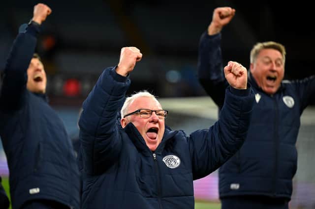 Stevenage manager Steve Evans celebrates his side's FA Cup third-round win over Aston Villa at Villa Park. Picture: Clive Mason/Getty Images.