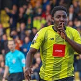 Jaheim Headley celebrates after netting a 48th-minute equaliser for Harrogate Town during their 2-1 home defeat to Bradford City. Pictures: Matt Kirkham