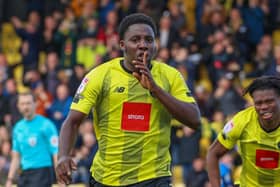 Jaheim Headley celebrates after netting a 48th-minute equaliser for Harrogate Town during their 2-1 home defeat to Bradford City. Pictures: Matt Kirkham