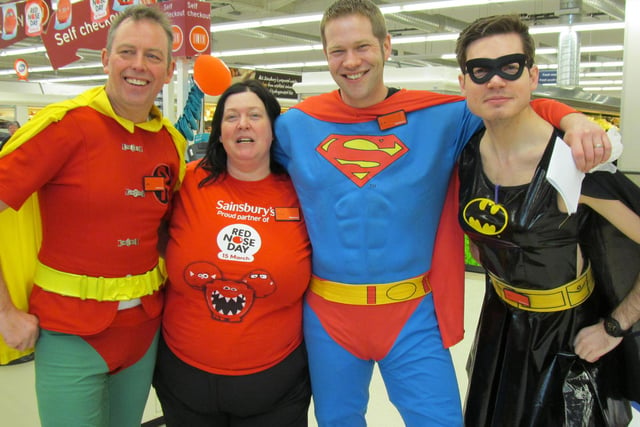 Comic Relief fund raising at Sainsbury's in Alnwick in 2013. Superheroes John Weir, Tracey Scott, Nick Henrey and Chris Traynor.