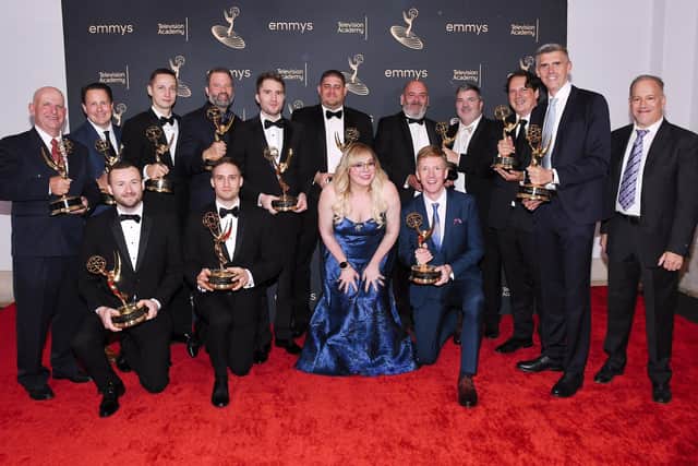 Kirsten Vangsness, host, and Emmy winners pose at the 74th Engineering, Science & Technology Emmy Awards at The Maybourne in Beverly Hills. (Photo by Vince Bucci/Invision for The Television Academy/AP Images)