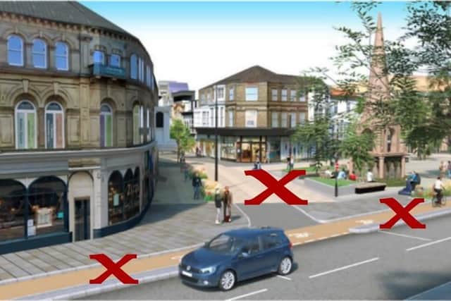 Picture of failure number 2 - The £11.2m Gateway project changes no longer happening on James Street in Harrogate as marked with a "X" by Harrogate District Cycling Action. (Picture contributed)
