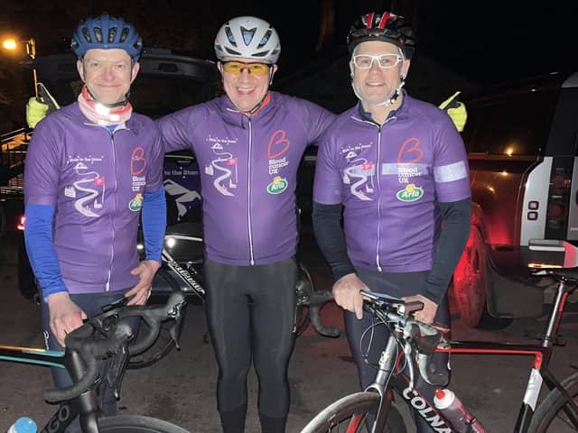 James Badger (middle) will be riding a vintage tandem bike 500km from Harrogate to London, arriving just in time to take part in the London Marathon to raise money for Blood Cancer UK
