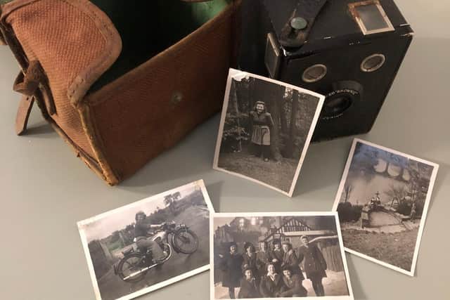 WW2 exhibition in Knaresborough - A box brownie camera and set of black and white photographs of Knaresborough’s Women’s Land Army (WLA) girls, donated by Trish Armistead.